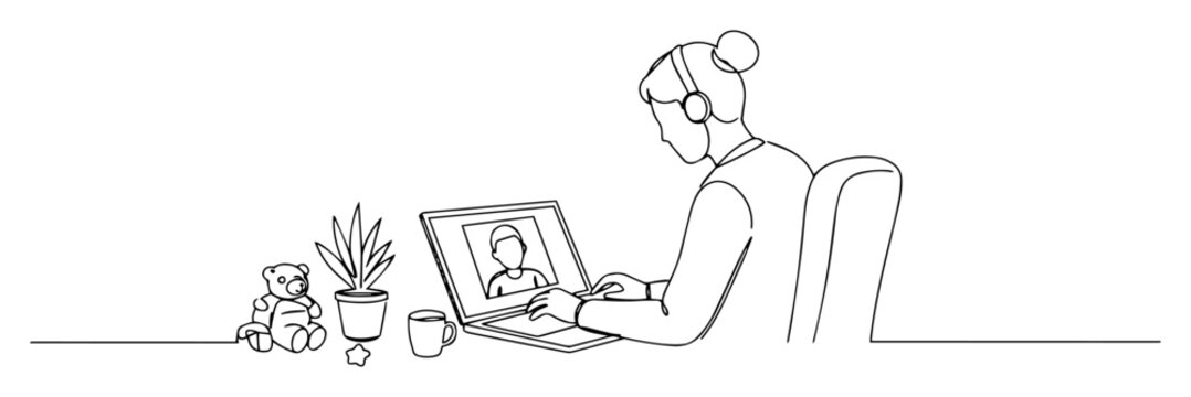 woman video calling loved one from home office abstract monoline drawing clean modern vector line art