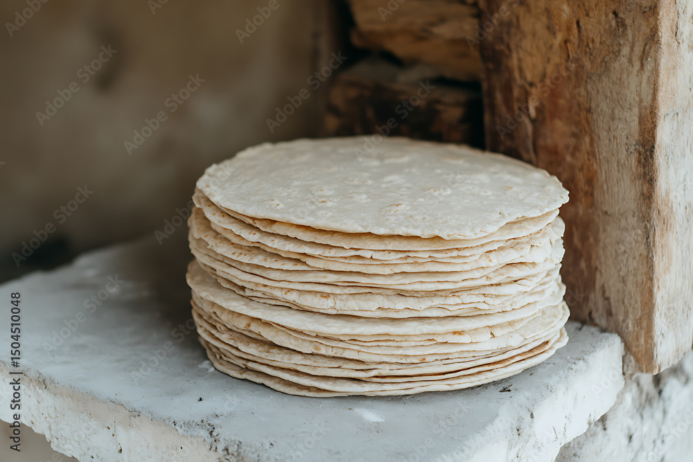 Poster a large stack of round flatbreads sits neatly piled, showcasing their fresh appearance and offering 