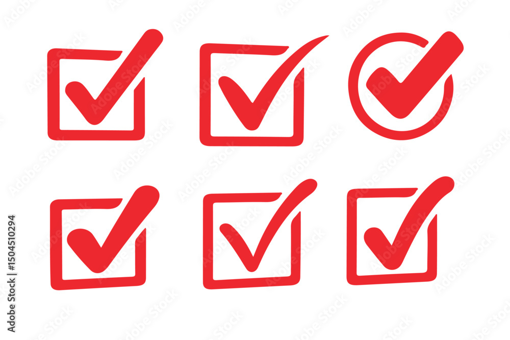 Poster red check mark icons a collection of six high-quality vector checkmarks for design projects, website