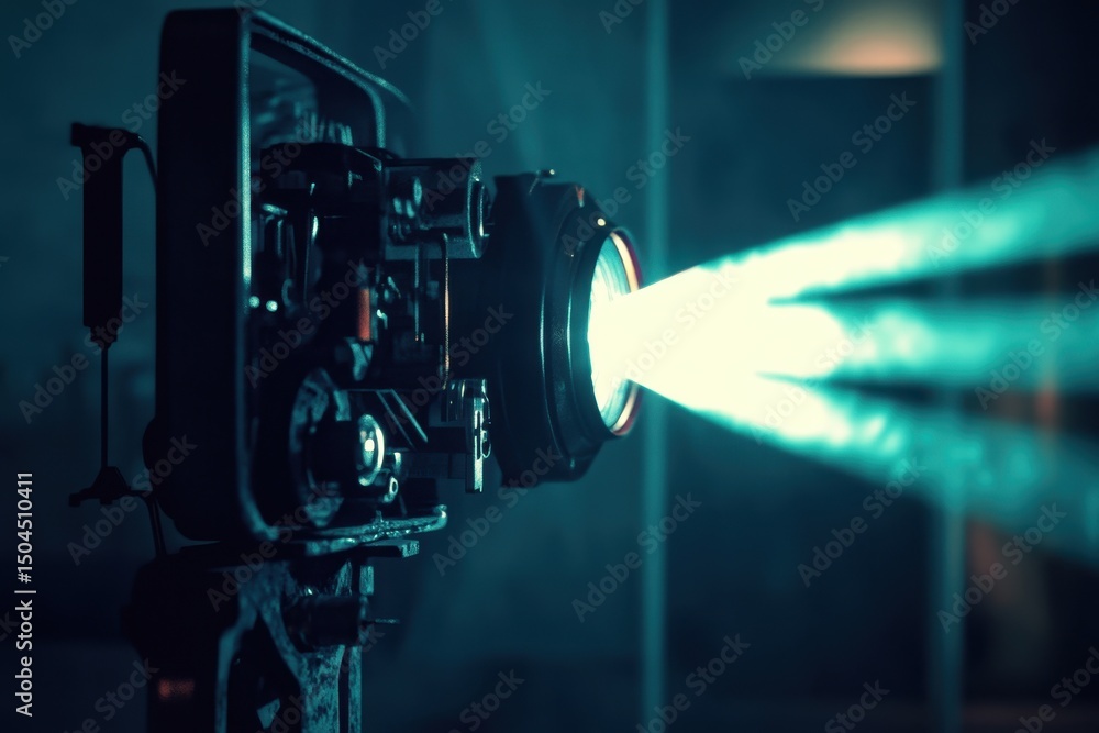 Poster retro futurism design featuring a vintage projector casting light in a dark setting, abstract retro 