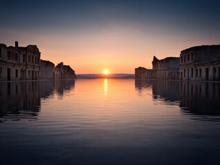 Fototapeta premium Surreal sunset over a flooded, abandoned architectural landscape.