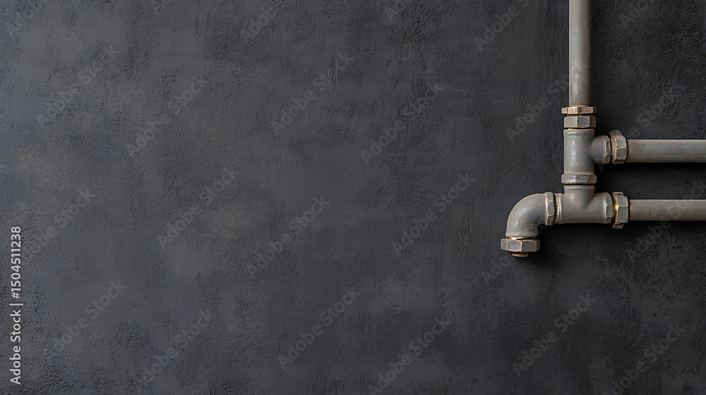 Poster industrial piping against a textured wall. metal pipes with threaded connectors create a functional 