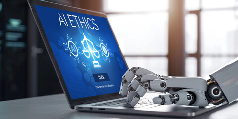 AI ethics responsibility standard law and rules on computer screen provide report of AI ethic transparency preventing technology crime. brisk