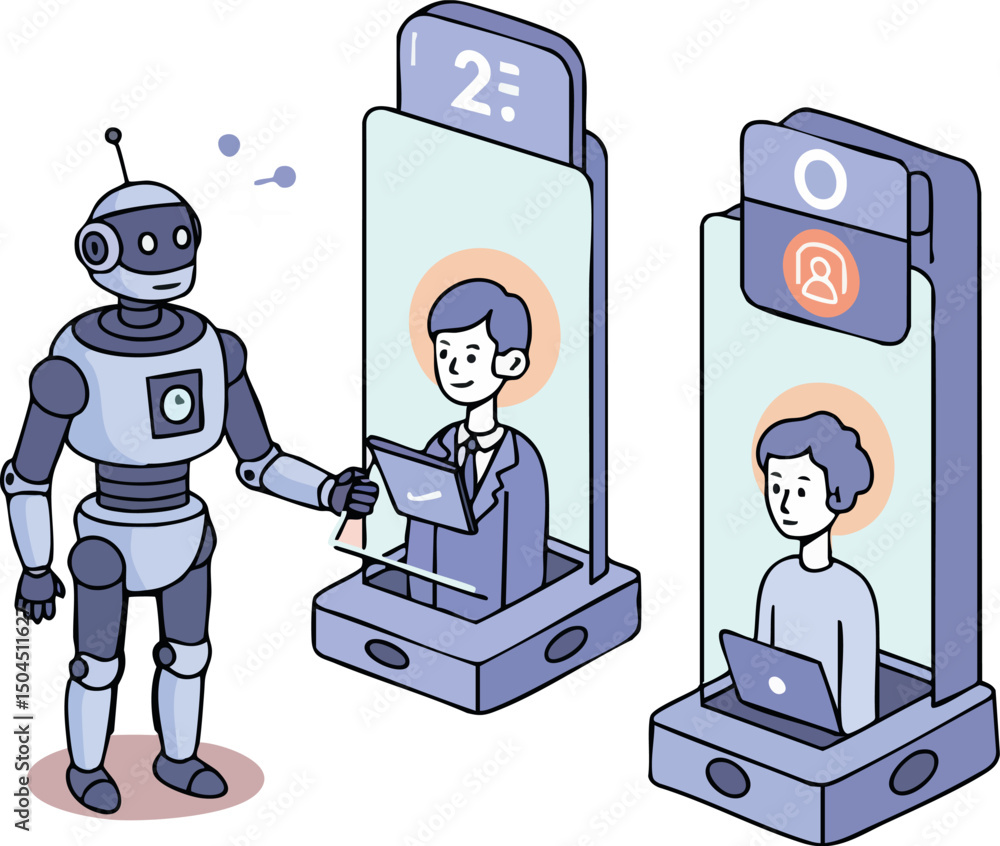 Poster robot interacting with humans using futuristic digital communication devices vector illustration