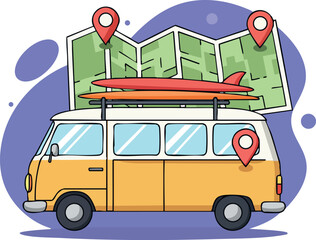 Yellow camper van with surfboard and map pins for travel and adventure planning vector illustration 