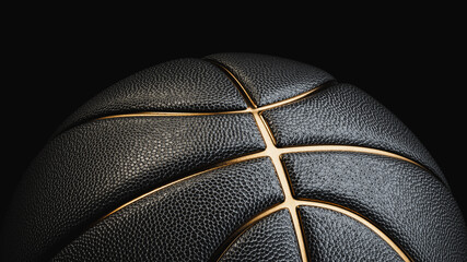black basketball with gold lines on black background..