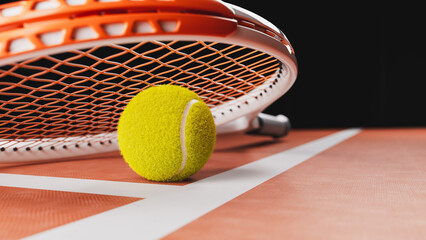 tennis ball on clay court with racket in background 3d render..