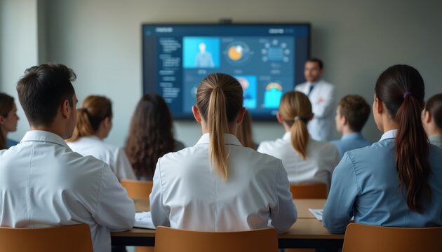 Doctors, students attend medical conference lecture in hospital. Health professionals discuss medical topics, innovative tech solutions. Education, training in healthcare industry. Medical learning,