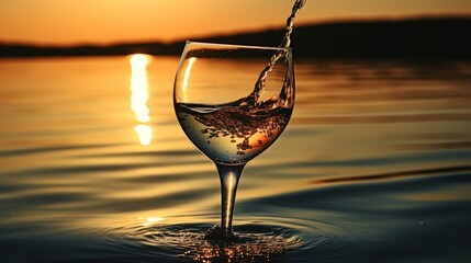 Pouring champagne into a crystal glass at sunset  a minimalist celebration of the golden hour