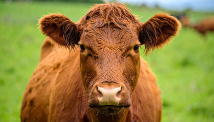 Portrait of cute brown bovine. Domestic cattle, animal. Blurred green pasture.