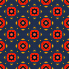 Eye-catching seamless design featuring striking red abstract flowers and yellow accents against a deep blue. Ideal for fashion, home decor, or digital projects, 3600x3600 px high quality JPG backgroun