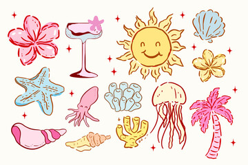 Tropical summer doodle set, Coquette beach, retro beach ans sea, summer clipart,exotic island party drink collection, beach cocktail glasses, exotic flower, ocean beach seashell. Tropical summer, pink