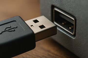 A close-up of a standard USB Type-A plug about to be connected to a port. The image captures a common moment in modern digital connectivity.