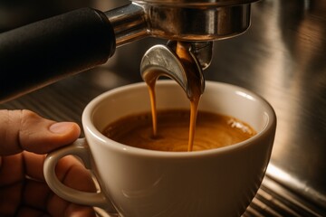 Close-up of freshly brewed espresso pouring into a white cup, highlighting the thick crema and rich color. A hand gently holds the cup beneath the machine.