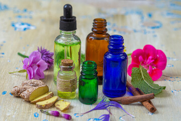 Essential oils and herbs arranged on a table