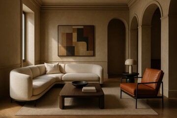 Minimalist living room with neutral tones, modern sofa, geometric art, and warm lighting. Sophisticated interior design for editorial or decor themes.