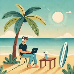 Remote Work on the Beach – Digital Nomad Lifestyle Illustration