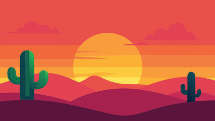 Colorful Desert Sunset with Cacti Vector Scene