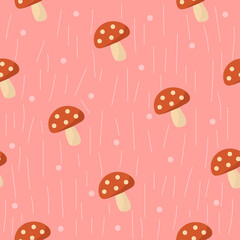 Cute Mushrooms on Pink Seamless Pattern