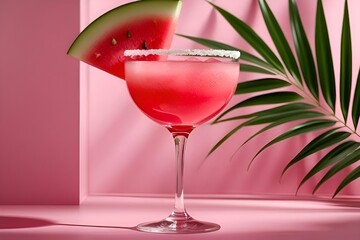 Watermelon Cocktail in Elegant Glass with Palm Leaves and Pink Background