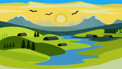 landscape with mountains and houses on green hills in flat design style