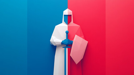 Abstract polygonal knight illustration against a vibrant blue and red background, embodying themes of protection and conflict.