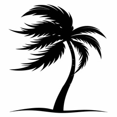 Solitary Palm Tree Silhouette with Windblown Fronds Tropical Island Vector Design