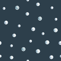 Water Bubbles Seamless Pattern. Watercolor hand drawn illustration on a dark blue background. For fabric, packaging and wallpaper, marine beach design.