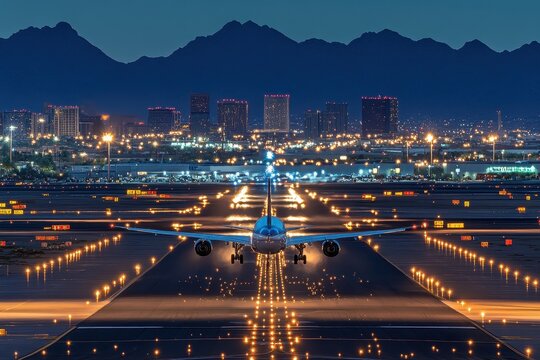 Plane approaches landing at Phoenix Sky Harbor International Airport during twilight, Plane landing at Phoenix Sky Harbor International Airport