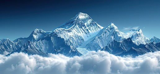 Majestic snow capped mountain peak rising above the clouds. A breathtaking view of nature's grandeur and power.