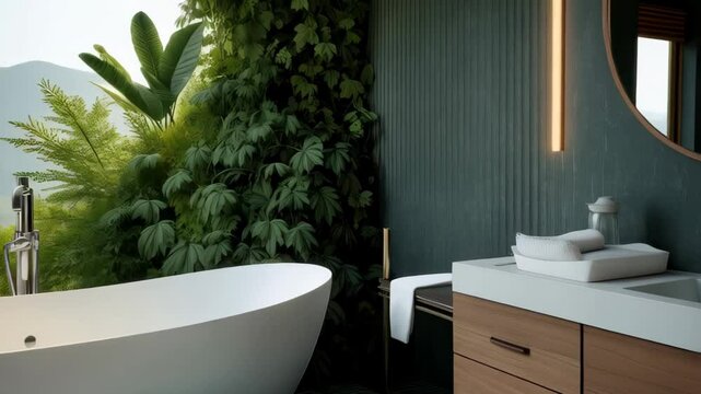 Discover a beautiful vanity bathroom featuring quality furniture, a freestanding tub, and lush greenery for a serene vibe