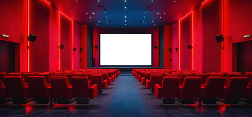 Empty movie theater with red seats and a large screen. Perfect for showcasing movie trailers, announcements, or other visual content.