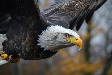 Bald eagle soaring gracefully through the autumn woods in slow motion, north america bald eagle slow motion