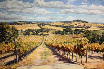 Naklejka premium Explore beautiful vineyards in South Australia with rolling hills and expansive landscapes during sunny daylight, South Australia vineyards Beautiful australian countryside