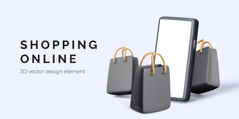 Online Shopping with Smartphone and Bags. Modern 3D Render Representing E-Commerce, Mobile Payment, and Retail Concept. Clean Vector