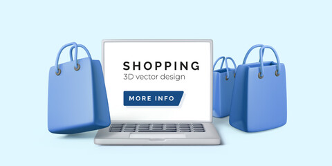Online Shopping with Laptop and Gift Bags. Trendy 3D Illustration of E-Commerce, Retail, and Digital Marketing Concept. Clean and Minimal Style Vector