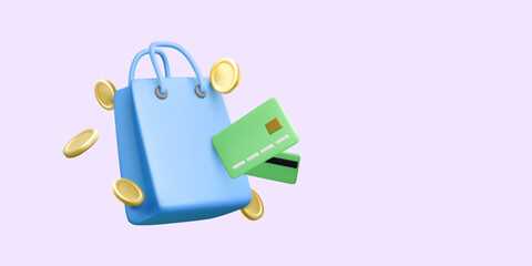 Online Shopping, Credit Card Payment, and E-Commerce Concept with Floating Coins and Bag. 3D Rendered Vector