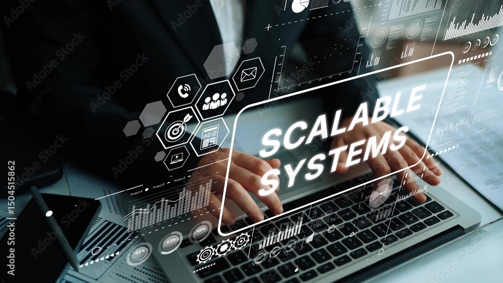 Poster business professional using laptop with digital graphics on scalable systems and data analysis conce