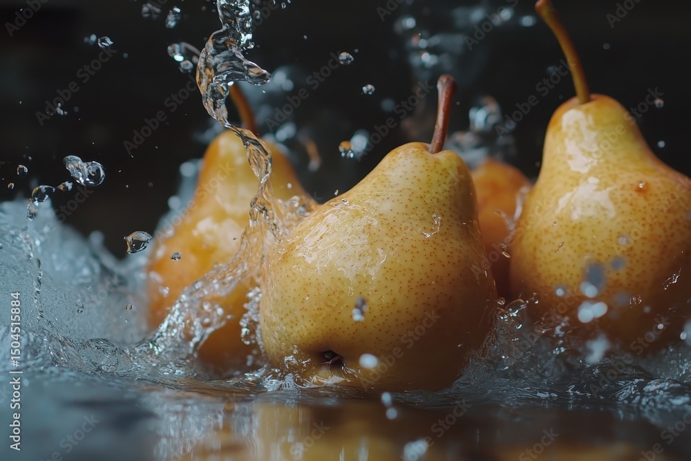 Poster pears create splashes as they fall into water in ultra slow motion capturing detailed water dynamics