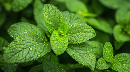 Fresh vibrant green mint leaves with water droplets showcasing natural detail and health benefits
