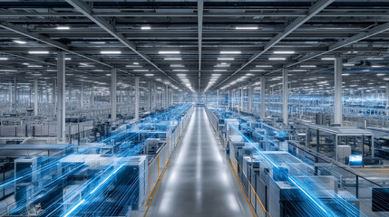 Fototapeta premium Automated factory showcasing AI-driven robotic assembly and logistics