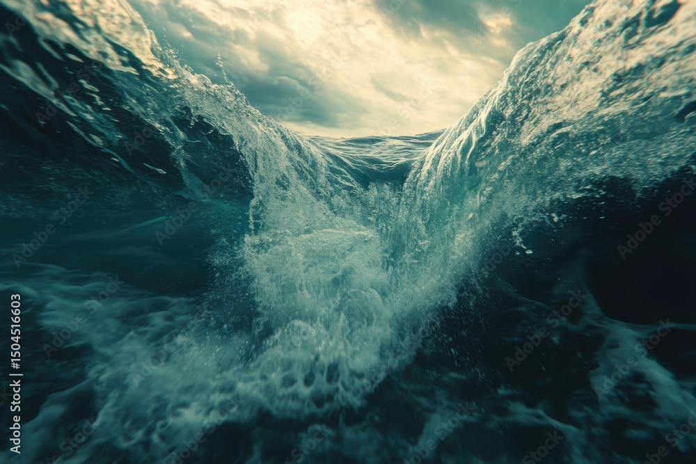 Poster underwater view of ocean waves crashing over camera at dawn in an unpredictable sea, underwater view