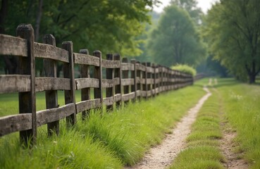 Fototapeta premium Wooden fence rural road green grass landscape. Brown long fence, rural path, green grass, trees. Architecture barrier, nature background. Travel, outdoor, scenic view. Path leading nature, inviting