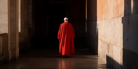 Religious figure walking through a colonnade, wearing a red cape and a white zucchetto. Light and shadows enhance the architectural details.