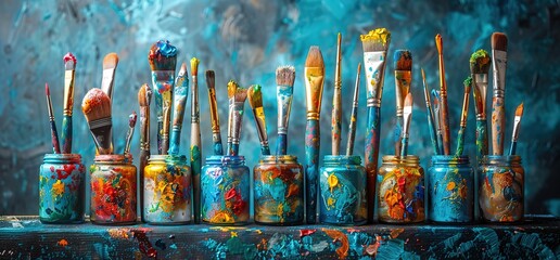 Assortment of paintbrushes in glass jars with colorful paint splatters. Art supplies for painting, creativity and artistic expression.