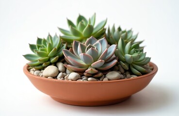 Fototapeta premium Succulent arrangement in clay pot with decorative pebbles. Green leaves in rustic, earthy, cozy design. Nature indoor decor, home office accent detail. Ideal for home decoration, gifts, eco friendly