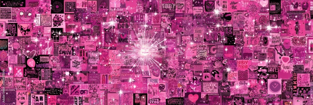 Poster Y2K-style Pink Sticker Collage Featuring Sparkles and a Clean Left Zone Enhances Nostalgic Vibes and Playful Aesthetics