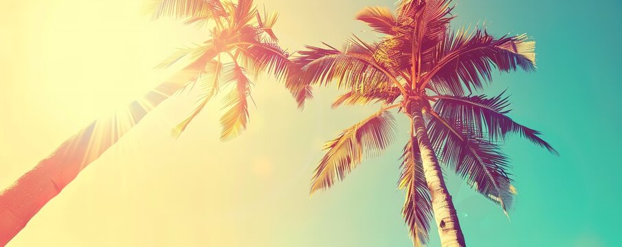 Two palm trees against a bright blue sky with a warm sun shining through the leaves. The image has a vintage filter applied.