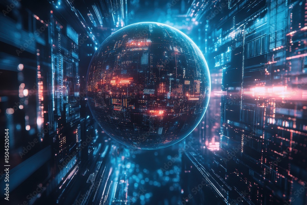 Poster digital sphere illuminated in a futuristic technology environment with glowing data patterns, wide a