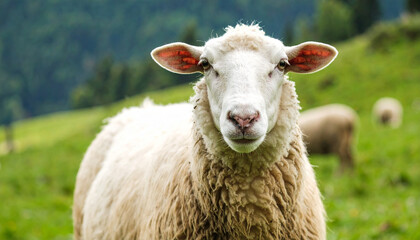 Fototapeta premium Portrait of cute white sheep. Domestic animal. Blurred green pasture.